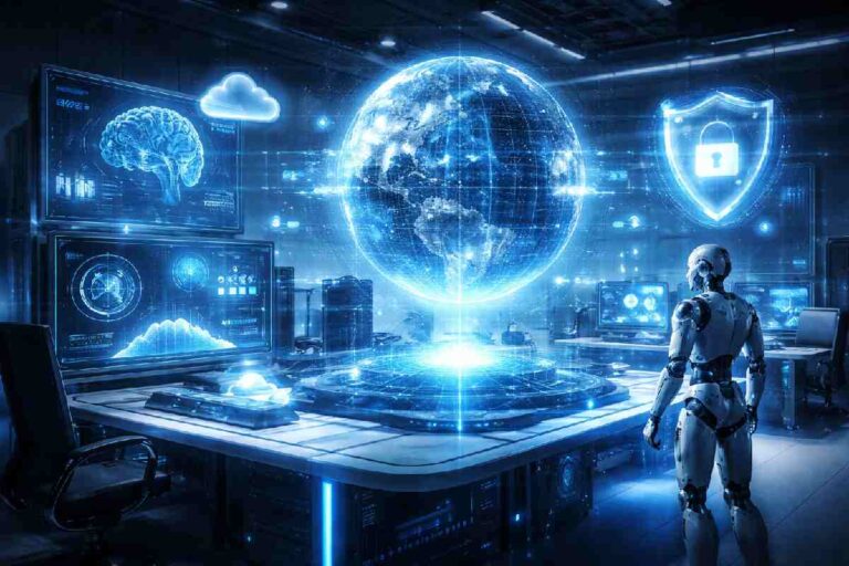 futuristic digital workspace showing AI, cloud computing, and robotics trends in 2026