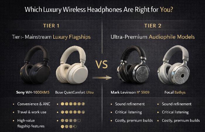 Tier 1 versus Tier 2 luxury wireless headphones showing mainstream flagships and audiophile models