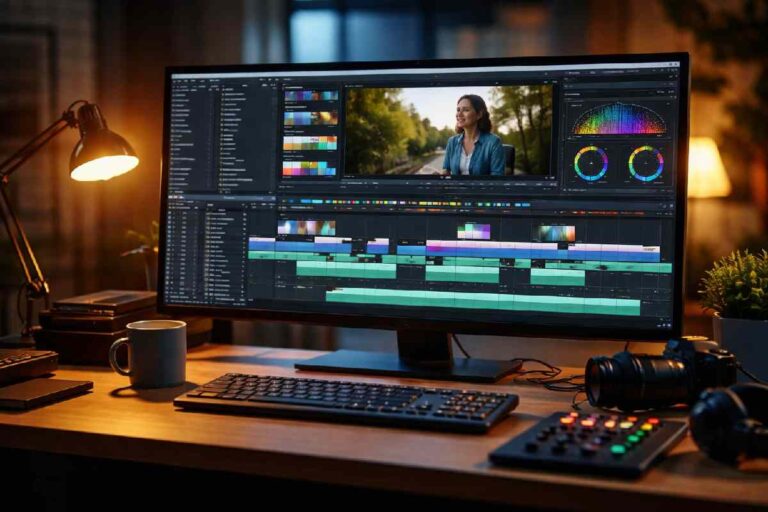 Video editing software timeline on a computer screen