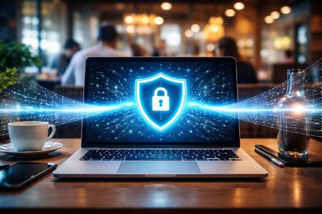 VPN Explained: How It Works & Do You Need One (2026) VPN encrypting internet connection on laptop over public Wi-Fi