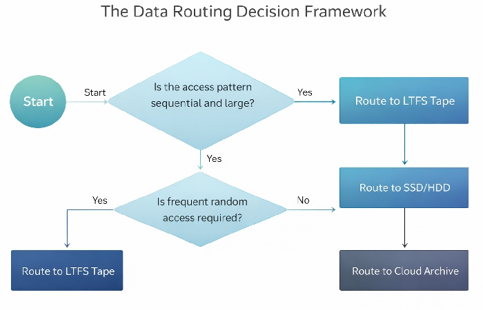 A decision flowchart for routing data between MERC LTFS tape, disk storage, and cloud tiers based on access patterns.