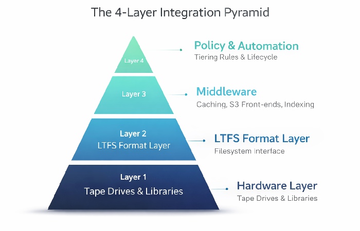 An infographic showing the four layers of a successful MERC LTFS deployment: Hardware, Format, Middleware, and Policy.