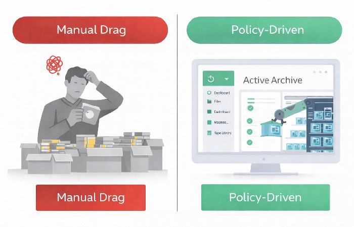 A visual comparison showing the inefficiency of manual tape handling versus the efficiency of automated LTFS middleware.