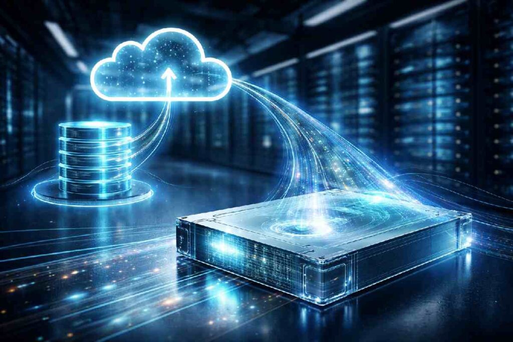 A conceptual 3D visualization of MERC LTFS tape integrated into a hybrid cloud and disk storage architecture.