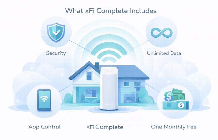 Diagram showing four components of xFi Complete: xFi Gateway, app-based WiFi control, advanced security, and unlimited data where available.