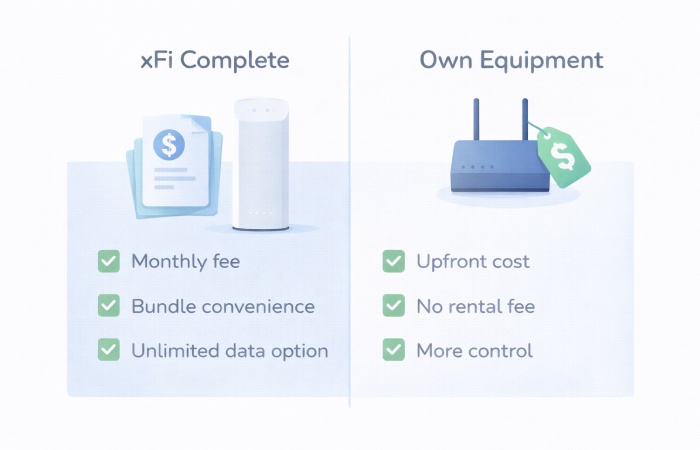 Comparison graphic showing xFi Complete as a monthly bundle versus owning your own modem and router with upfront cost but no rental fees.

