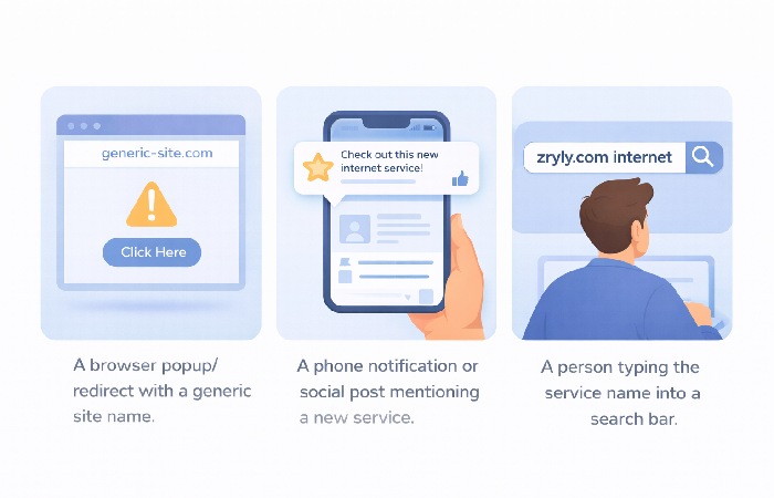Three-panel illustration showing a browser popup, a phone notification, and a person searching for a new website name.