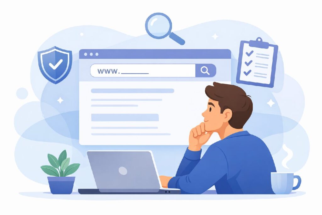 Illustration of a person evaluating a new website on a laptop with icons for security, research, and a checklist.