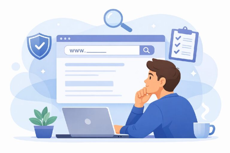 Illustration of a person evaluating a new website on a laptop with icons for security, research, and a checklist.