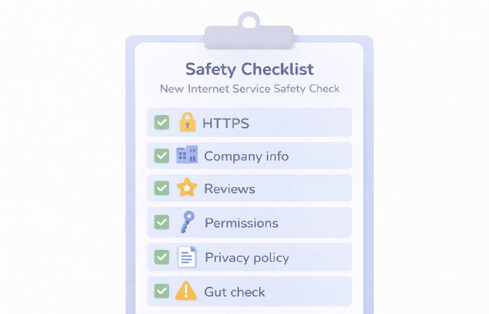 Checklist graphic showing key safety checks for a new internet service, including HTTPS, company info, reviews, permissions, and privacy policy.