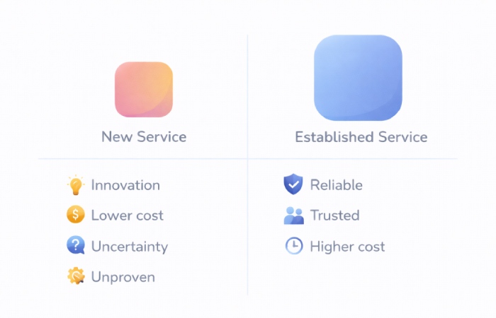 Comparison graphic showing pros and cons of using a new internet service versus an established one.