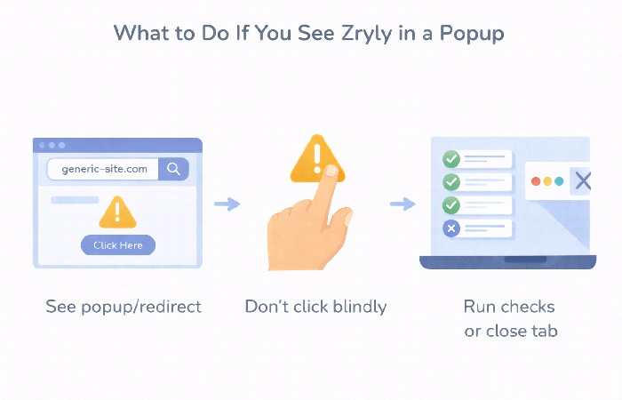 Flowchart showing steps to take when a new service appears in a browser popup: see it, don’t click blindly, then run checks or close the tab.