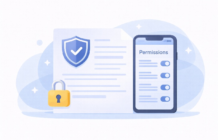 Illustration of a privacy policy document with a shield icon next to a device, representing data protection and permissions.