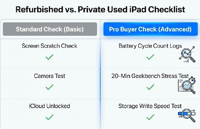 A checklist comparing basic visual inspections against advanced diagnostic tests for battery cycles and storage speed.