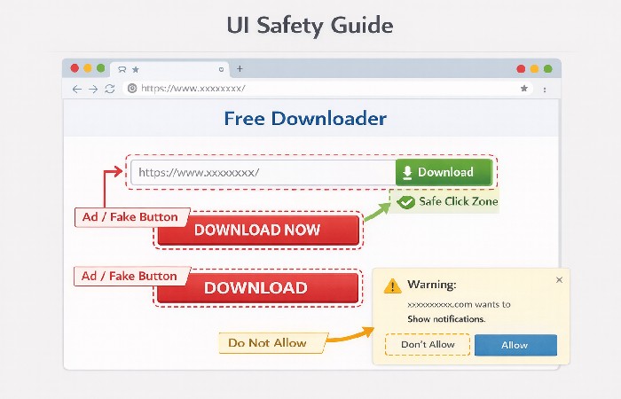 A visual guide helping users distinguish between real download buttons and deceptive advertisement buttons on free tool websites.