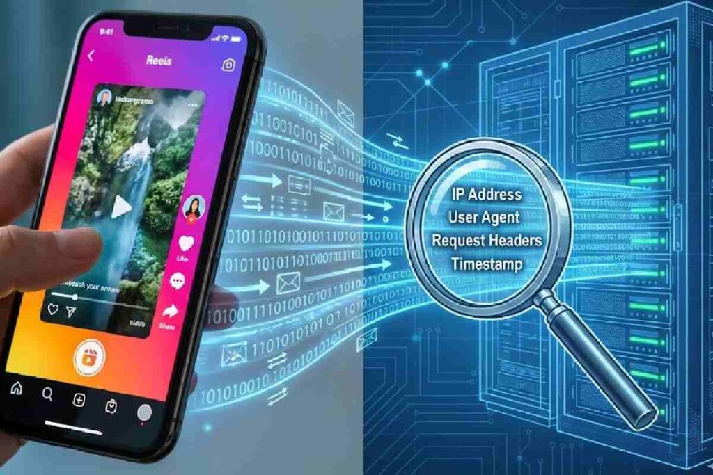 A conceptual illustration showing the connection between an Instagram reel on a phone and the backend server data flow of a downloader tool.