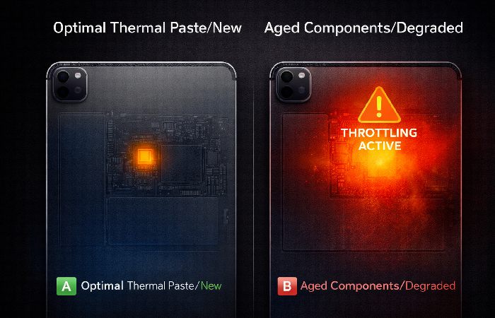 A thermal heat map comparison showing how aged internal components lead to higher temperatures and performance throttling in used iPads.