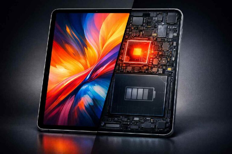 A split-view illustration showing a polished used iPad Pro 11-inch alongside an X-ray view revealing internal battery wear and thermal heat generation.