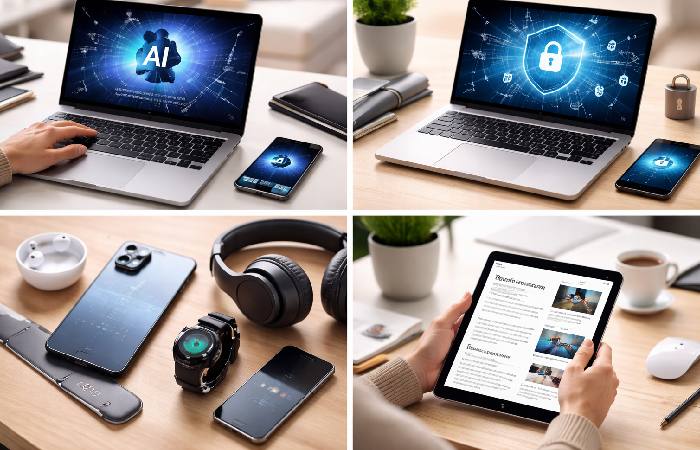 Artificial intelligence, cybersecurity, gadgets, and tech guides displayed on digital devices