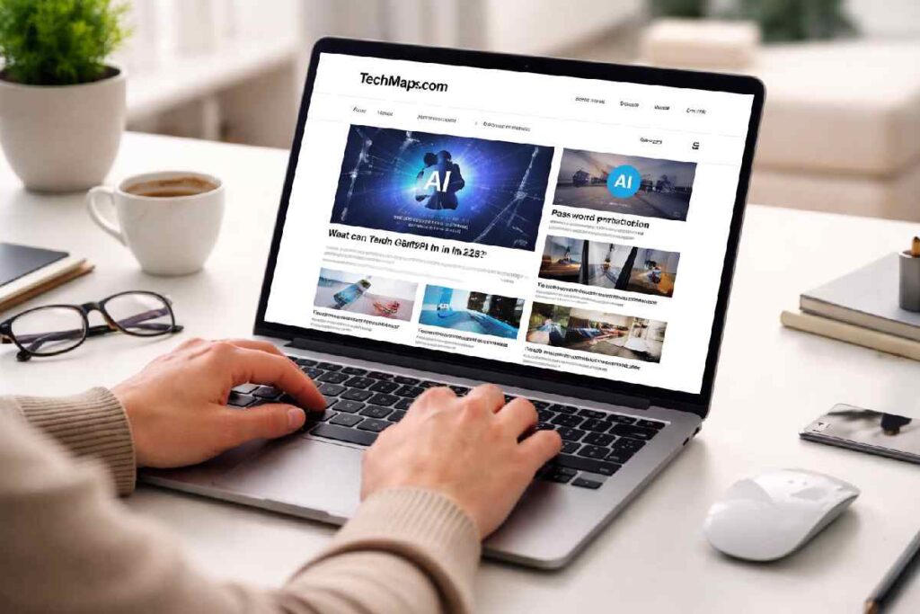 Person browsing a modern technology news website on a laptop in a clean workspace