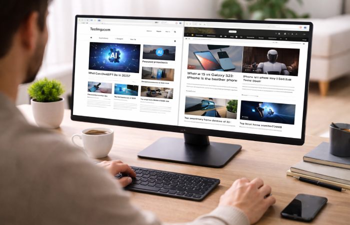 Person comparing multiple technology websites on a laptop screen