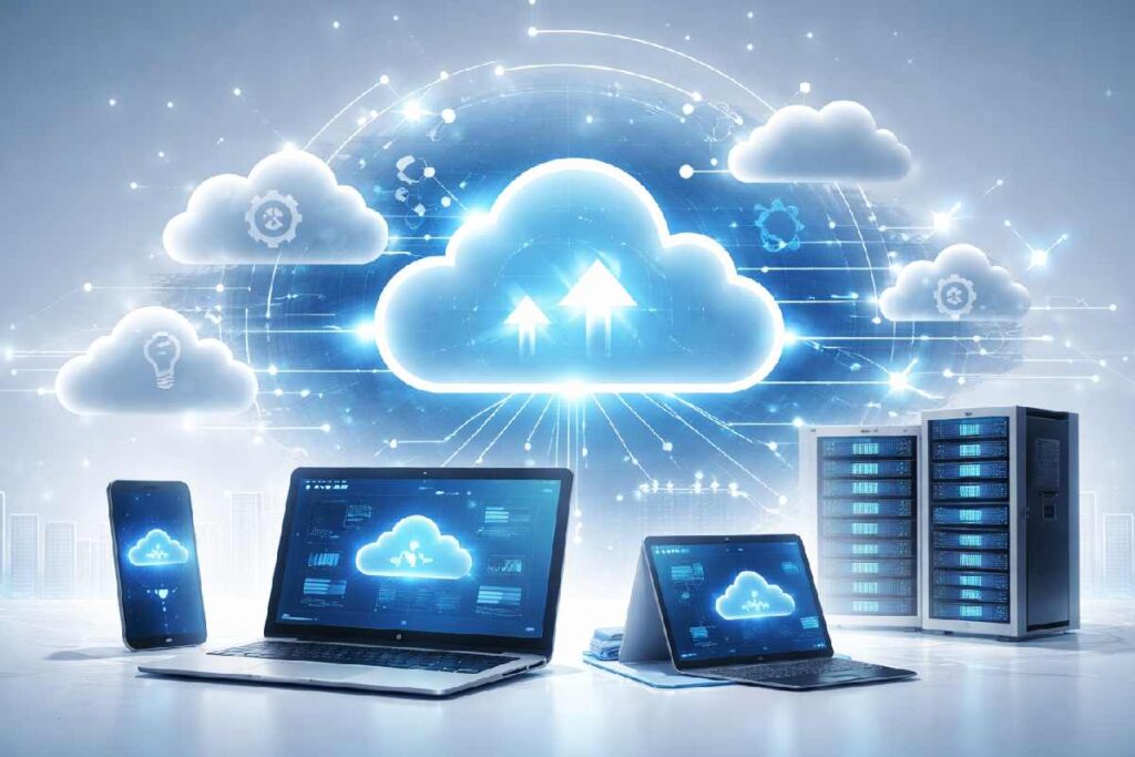 Cloud computing concept with connected devices and cloud network
