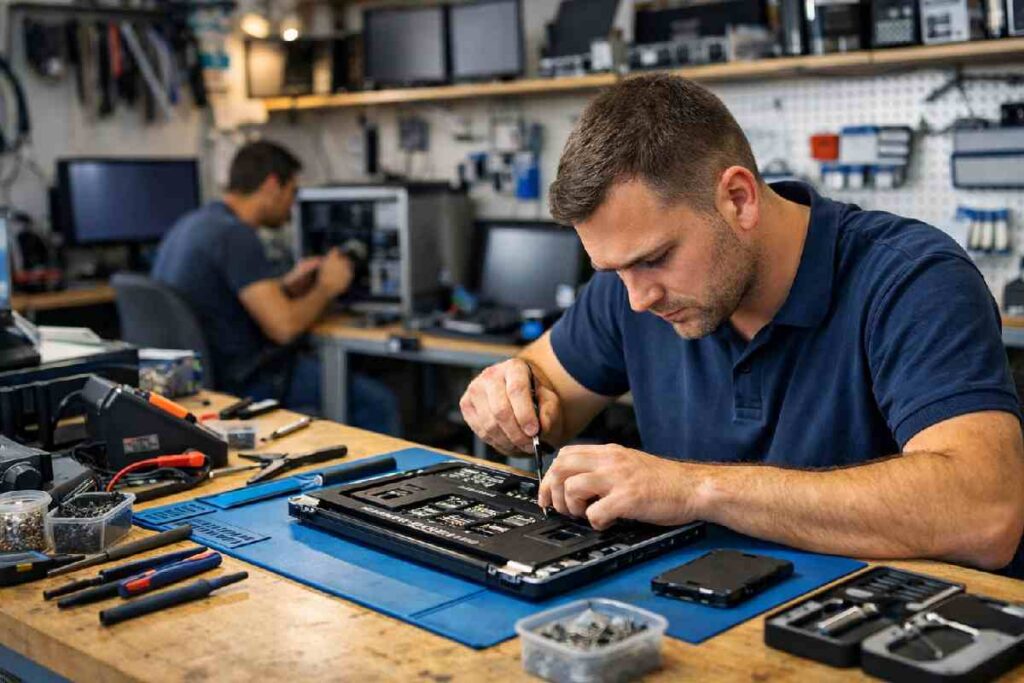 Technician repairing a laptop inside a Dublin computer repair shop