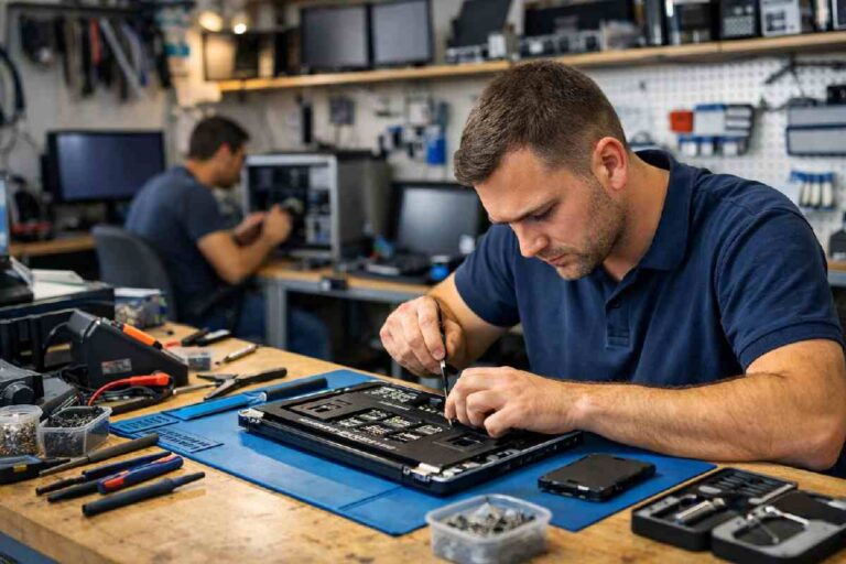 Technician repairing a laptop inside a Dublin computer repair shop