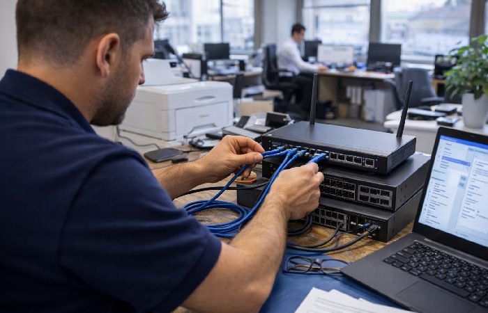 IT technician setting up Wi-Fi and network equipment in a Dublin office