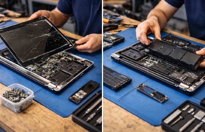Laptop screen replacement and hardware repair on a workbench