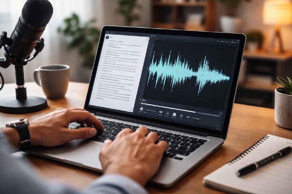 AI voiceover creation on laptop with script and audio waveform