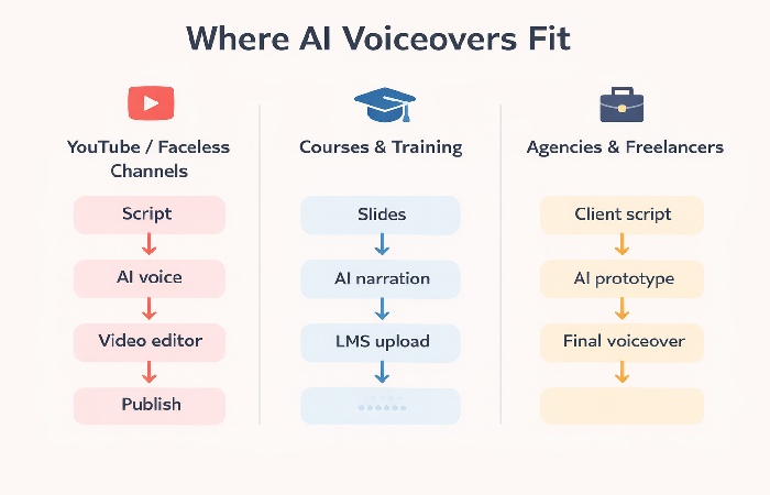 Infographic showing how AI voiceovers fit into YouTube, training, and agency content workflows.