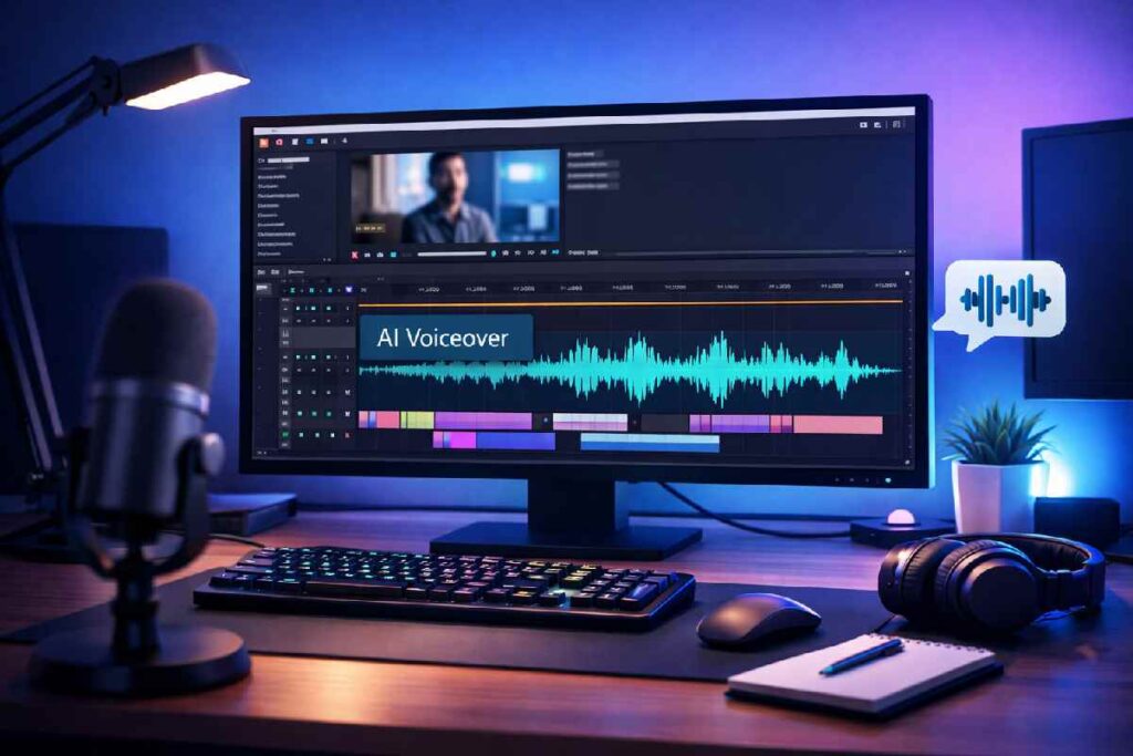 A content creator editing a video timeline with an AI-generated voiceover track on the screen.