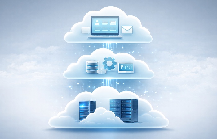 Layered cloud service model showing SaaS PaaS and IaaS structure