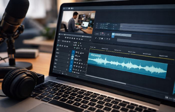 video editing timeline with voiceover audio track