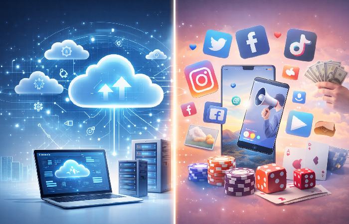 Illustration showing mixed website content with cloud topics and unrelated categories