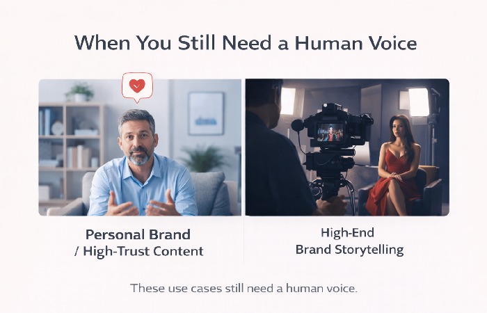 Split-screen illustration showing a personal brand coach and a high-end film set to represent content that still needs a human voice.
