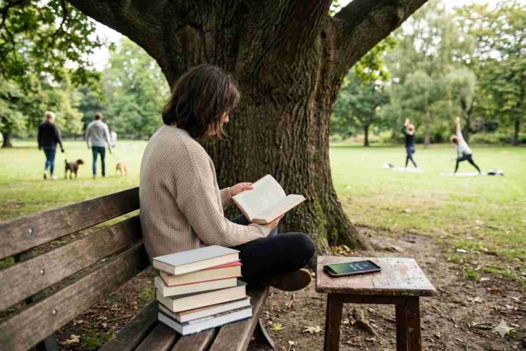 A woman reads a book on a park bench, her smartphone placed face down on a nearby stool. In the background, people enjoy nature by walking dogs and practicing yoga.