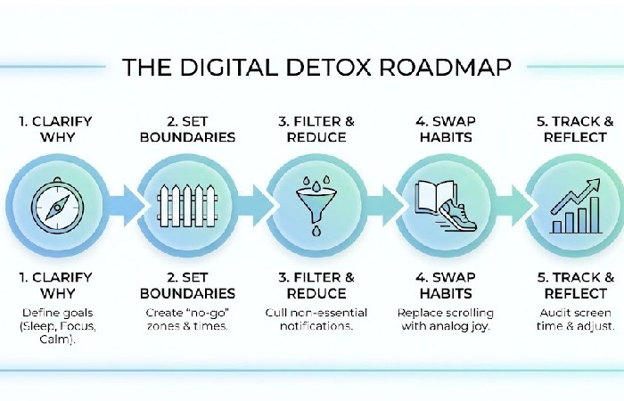 Five-step infographic roadmap for a digital detox_ 1. Clarify Why, 2. Set Boundaries, 3. Filter & Reduce, 4. Swap Habits, 5. Track & Reflect.