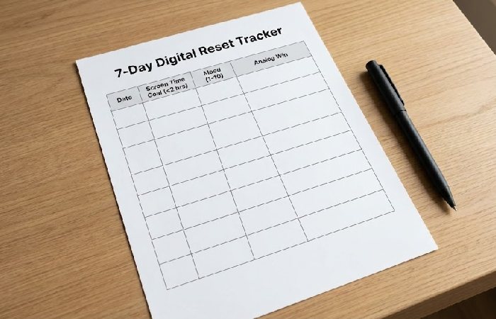 Preview of the printable 7-Day Digital Reset Tracker PDF worksheet with sections for tracking daily screen time goals, mood, and offline activities.