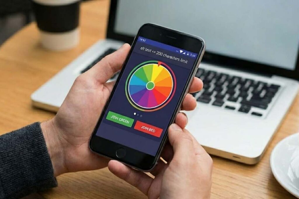 Smartphone screen displaying an online color prediction platform interface with a color wheel, countdown timer, and red and green selection buttons.