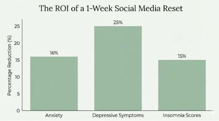 The ROI of a 1-Week Social Media Reset' showing the percentage reduction in mental health symptoms_ Anxiety decreased by 16%, Depressive Symptoms by 25%, and Insomnia Scores by 15%.
