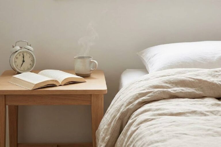 Warm minimalist nightstand with an analog alarm clock, physical book, and coffee cup, illustrating a phone-free morning routine.