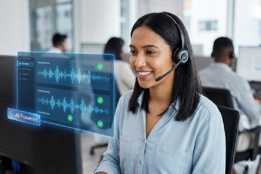 A professional call center agent using an AI-powered quality assurance dashboard to monitor customer interactions.