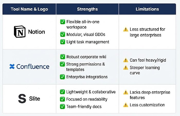 A comparison table of GDD tools including Notion, Confluence, and Slite, highlighting their strengths and limitations.