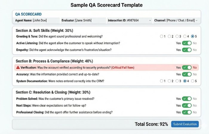 A structured call center quality assurance scorecard template showing categories for soft skills, compliance, and problem resolution.