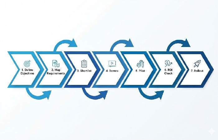 A 7-step flowchart illustrating the professional process for selecting and implementing call center quality assurance software.