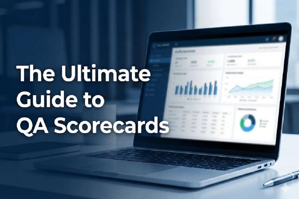 A professional workspace featuring a digital dashboard showing call center performance metrics and a checklist scorecard.