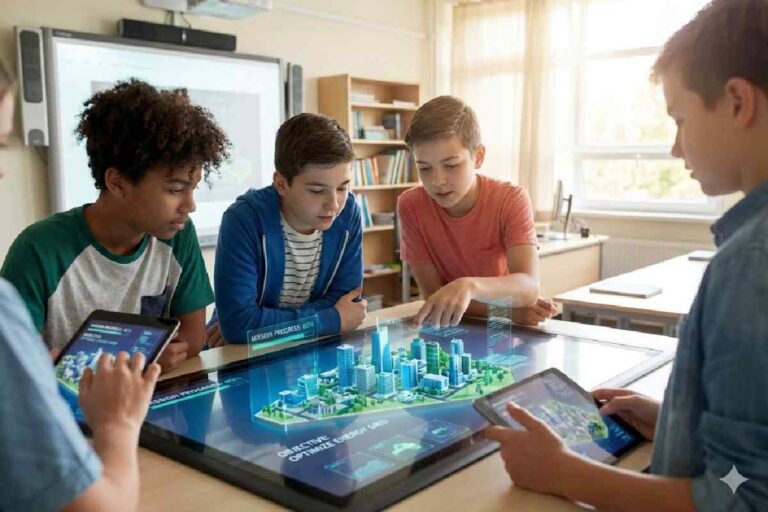 A group of students engaged in an immersive, game-based learning simulation on digital tablets in a modern 2026 classroom.