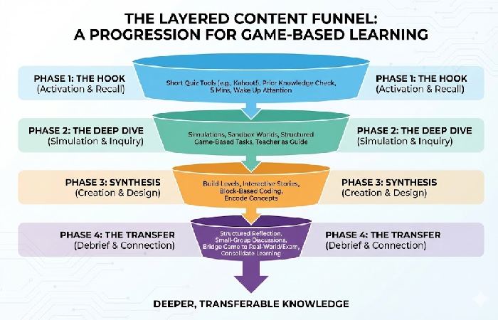 A flowchart showing the four phases of the Layered Content Funnel: Hook, Deep Dive, Synthesis, and Transfer.